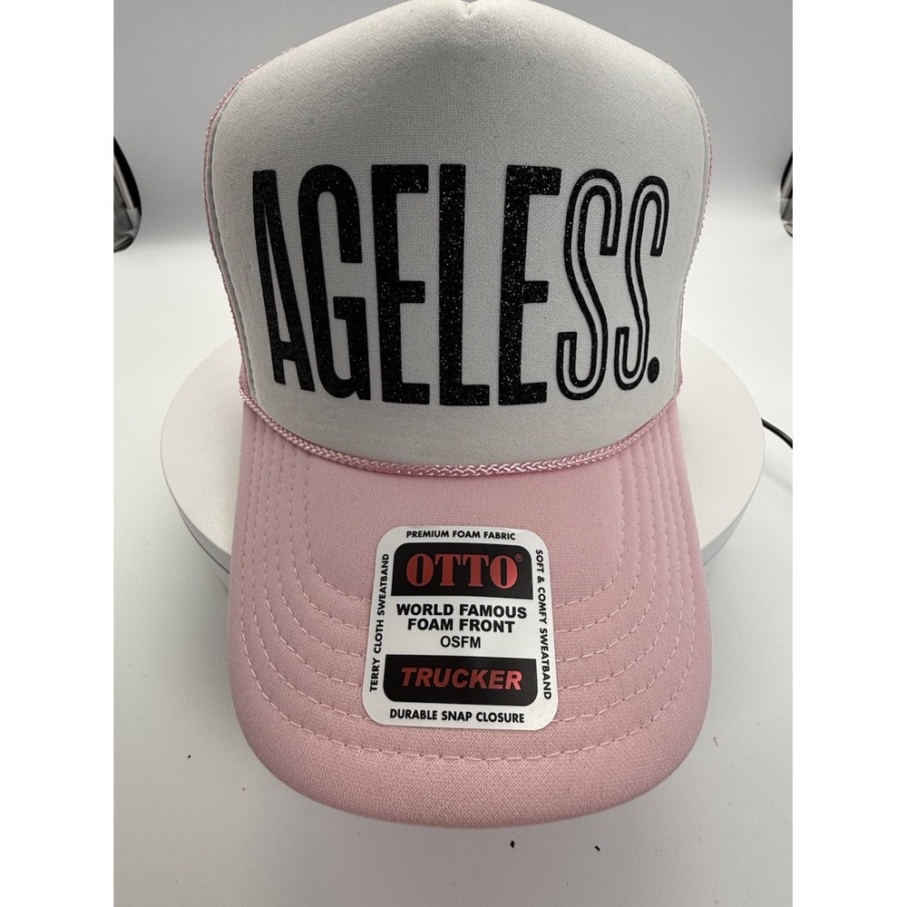 Otto "Ageless" pink foam front‎ trucker hat terry cloth sweatband /snap closure.